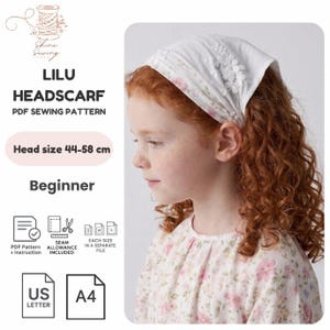 May include: A white headscarf featuring delicate floral embroidery and a soft fabric texture. The product is labeled as the Lilu Headscarf PDF sewing pattern for head sizes 44-58 cm, designed for beginners, including US Letter and A4 format options.