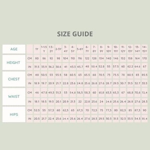 May include: A size guide chart with measurements in inches and centimeters. The chart includes age ranges from 1 year to 15 years, with corresponding height, chest, waist, and hip measurements.