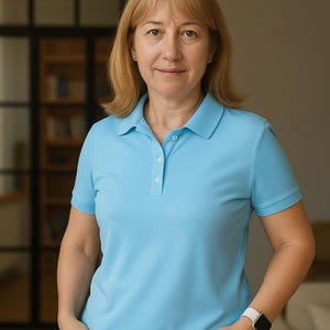 Op de afbeelding: Een lichtblauw poloshirt met een klassieke kraag en een knoopsluiting met drie knopen. Het shirt heeft korte mouwen en een rechte zoom en is gemaakt van een effen gekleurde stof. Het ontwerp is eenvoudig en functioneel van aard.