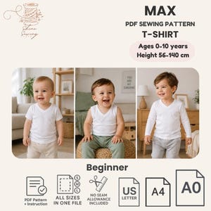 Kids T-Shirt Sewing Pattern PDF | V-Neck Shirt | Ages 0-10 | All Sizes Included | Beginner Friendly | A4 US Letter A0