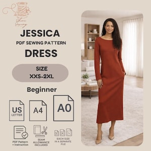 Op de afbeelding: Een PDF-naaipatroon voor een jurk met lange mouwen en enkellange lengte in roestoranje. De tekst luidt JESSICA PDF SEWING PATTERN DRESS, SIZE XXS-2XL, Beginner, US LETTER, A4, A0, PDF Pattern + Instruction, SEAM ALLOWANCE INCLUDED.