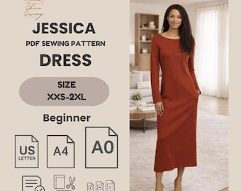 May include: A PDF sewing pattern for a long-sleeved, ankle-length dress in a rust-orange color. The text reads JESSICA PDF SEWING PATTERN DRESS, SIZE XXS-2XL, Beginner, US LETTER, A4, A0, PDF Pattern + Instruction, SEAM ALLOWANCE INCLUDED.