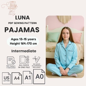 Patron de pyjama pour ados PDF | 13-15 ans | Chemise boutonnée à manches longues + pantalon de pyjama | Vêtements de détente à faire soi-même | Patron de couture numérique