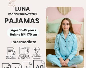 Patrón PDF de conjunto de pijama para adolescentes / Edades 13-15 / Camisa de manga larga con botones + Pantalón de pijama / Ropa de estar por casa DIY / Patrón de costura digital
