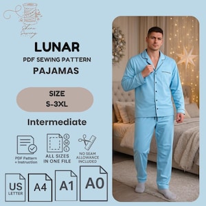 Men's Pajama Set Sewing Pattern: Shirt & Pants (Sizes S-3XL) (PDF Pattern A4/A0/A1 Printable)