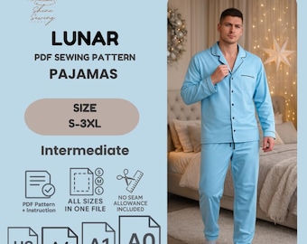 Könnte beinhalten: Ein hellblaues Pyjama-Set mit einem langärmeligen Hemd mit Knopfleiste und passender Hose. Der Text lautet LUNAR PDF SEWING PATTERN PAJAMAS, SIZE S-3XL, Intermediate, PDF Pattern + Instruction, ALL SIZES IN ONE FILE, NO SEAM ALLOWANCE INCLUDED.