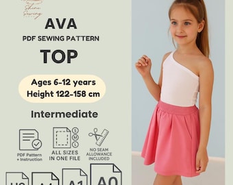 Girls' One-Shoulder Knit Top Sewing Pattern (PDF Download, Sizes 6-12Y)
