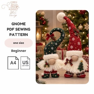 Pode incluir: Um molde de costura em PDF para dois gnomos de tecido, um com um gorro vermelho alto e outro com um gorro verde curvado, ambos com barbas de pelo sintético branco, detalhes xadrez e enfeites natalinos, para papéis A4 e US Letter.