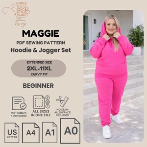 May include: A digital sewing pattern for a hoodie and jogger set titled Maggie. The set includes a bright pink hooded sweatshirt with a front pocket and matching pink joggers. The pattern is designed for sizes 2XL-11XL and is for beginners.