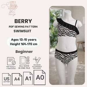 Patrón de costura de traje de baño para niña adolescente / Bikini con volantes color baya en PDF / Tallas 13-15 / Un hombro / Tamaño A4 (US Letter A0 A1) / Descarga digital