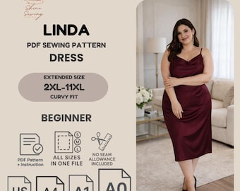 Könnte beinhalten: Ein digitales Schnittmuster für das Linda-Kleid, das ein burgunderrotes Satin-Trägerkleid mit dünnen Trägern und Wasserfall-Ausschnitt zeigt. Die Grafik enthält Text für die Größen 2XL-11XL, Anfänger-Niveau und Formate wie US Letter, A4, A1 und A0.