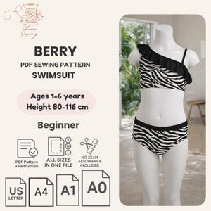 Patrón de costura en PDF para traje de baño de niña / Bikini con volantes de un solo hombro color baya / Tallas 1-6 años / A4 (US Letter A0 A1) / Descarga digital