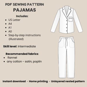 Women's Pajama Set Sewing Pattern: Classic Shirt & Pants (XXS-3XL) (PDF Pattern) image 2