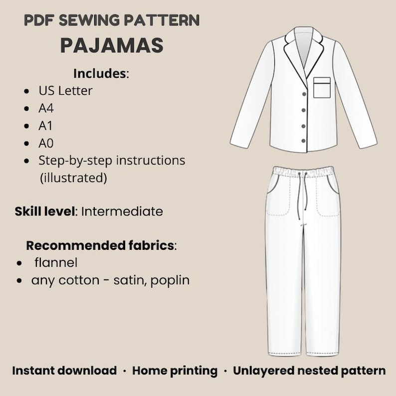 Women's Pajama Set Sewing Pattern: Classic Shirt & Pants (XXS-3XL) (PDF Pattern) image 2