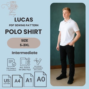 Men's Knit Polo Shirt PDF Sewing Pattern: Beginner Easy, Sizes S-3XL (A4/A0/A1 Printable Template)
