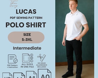 Men's Knit Polo Shirt PDF Sewing Pattern: Beginner Easy, Sizes S-3XL (A4/A0/A1 Printable Template)