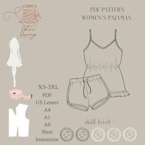 Women’s Pajamas Sewing Pattern | XS-3XL Sizes | Summer Pajama Set | Camisole & Shorts | A4 A0 US Letter | Easy PDF Download