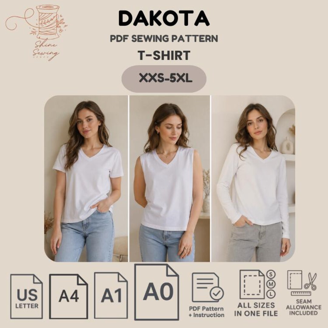 Female Shirt Basic Pattern Basic T-shirt PDF Sewing Pattern | V Neck Tee Pattern Women | Short ...