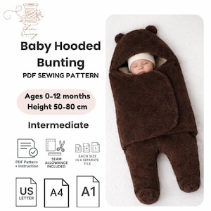 Baby Bunting PDF Sewing Pattern | Teddy Bear Baby Snowsuit | Hooded Baby Suit with Ears | 0–12 Months | A4 US Letter A1