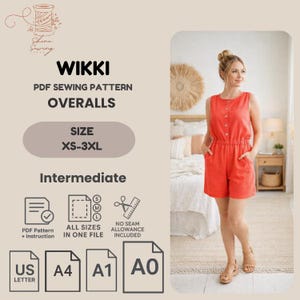 May include: A digital PDF sewing pattern for overalls titled WIKKI, available in sizes XS-3XL. The document includes instructions, all sizes in one file, and formats for US Letter, A4, A1, and A0 paper. The overalls are coral-colored with buttons.