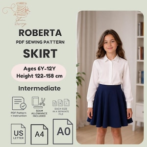 May include: A PDF sewing pattern for a Roberta skirt, designed for ages 6Y-12Y and heights 122-158 cm. The pattern is for an intermediate skill level and includes instructions, seam allowances, and files for US Letter, A4, and A0 paper sizes.