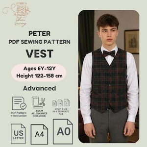 May include: A PDF sewing pattern for a vest, labeled Peter, for ages 6Y-12Y and heights 122-158 cm. The pattern includes instructions, seam allowances, and files for US Letter, A4, and A0 paper. A vest in a dark green and red plaid pattern is shown.