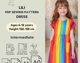 Patrón de costura en PDF para vestido de verano para niña: Espalda abotonada y bolsillos (tallas 6-10 años, A4/Carta EE. UU./A0/A1)