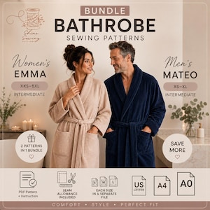 May include: A digital sewing pattern bundle for bathrobes featuring the Emma design in beige and the Mateo design in navy blue. The image includes text labels for sizes XXS-5XL and XS-XL, intermediate skill levels, and icons for PDF formats.
