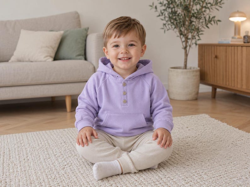 May include: A young child wearing a light purple hoodie with wooden buttons and beige pants sits on a white rug. The child is smiling. A beige sofa with pillows is in the background.