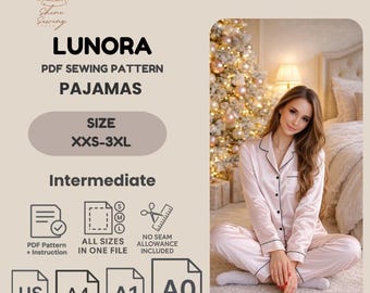 Patrón de costura para conjunto de pijama de mujer: Camisa y pantalón clásicos (XXS-3XL) (Patrón en PDF)