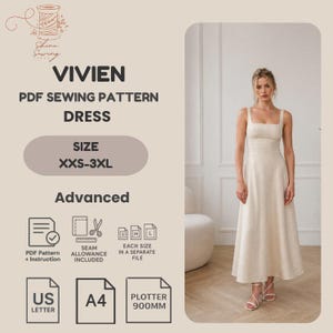 Peut inclure: Une femme porte une robe crème avec un col carré et des bretelles. L'image comprend le texte "VIVIEN PDF Sewing Pattern Dress" et des tailles de XXS à 3XL. Des icônes indiquent le patron PDF, les marges de couture et les options de traceur.