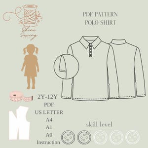 Kids Polo Shirt PDF Sewing Pattern 2Y-12Y | Long Sleeve | Instant Download | A4 US Letter A0 A1 | Beginner Sewing Pattern
