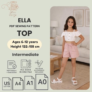 Girl's Off-Shoulder Ruffle Top Sewing Pattern (PDF Download 6-12Y A4/US Letter/A1/A0)