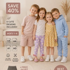 Nähset für Kinder (PDF) | 6 Schnittmuster + Gratis-Rock | Kleinkind-Outfit | 1–6 Jahre | Baby- und Kinderkleidung | A4, A0, US Letter