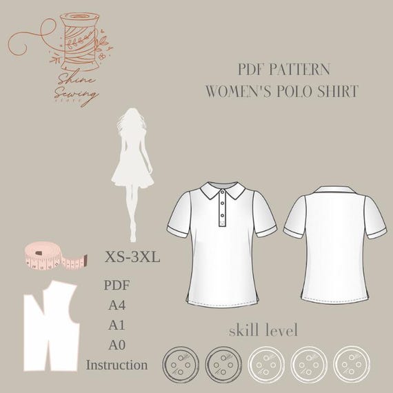 Women's Polo Shirt PDF Sewing Pattern: Knit Top (sizes XS-3XL)