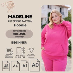 Puede incluir: Un patrón de costura digital en PDF para una sudadera con capucha titulado Madeline, con un rango de tallas extendido de 2XL a 11XL. El patrón incluye instrucciones, todas las tallas en un archivo y formatos para US Letter, A4, A1 y A0.