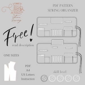 Puede incluir: Un gráfico gris con el texto "Free!" y "PDF Pattern Sewing Organizer." La imagen incluye una ilustración de patrón de costura, una bobina de hilo y texto que indica "One Sizes", "PDF", "A4", "US Letters" e "Instruction."