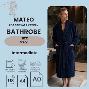 Mens Bathrobe Sewing Pattern PDF, Shawl Collar Robe Pattern, Spa Robe, Dressing Gown Pattern, Robe Pattern Men XS-XL