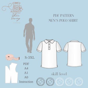Men's Polo Shirt PDF Pattern | Sizes S-3XL | A4/A0/A1 Printable Sewing Template | Easy Beginner Knit Shirt Pattern for Men