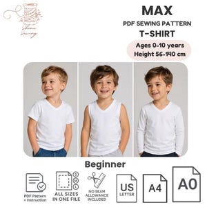 May include: A PDF sewing pattern for a T-shirt, suitable for ages 0-10 years and heights 56-140 cm. The image shows three children wearing white V-neck T-shirts in different styles: short sleeve, sleeveless, and long sleeve. The pattern is beginner-friendly.