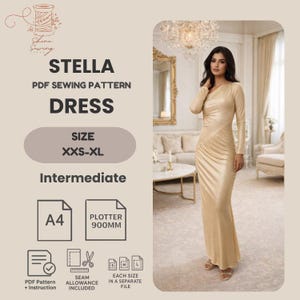 PDF Sewing Pattern Women’s Dress | Draped Long Sleeve Gown | Asymmetrical Knit Dress | Sizes XXS–XL | A4 + Plotter 900 mm