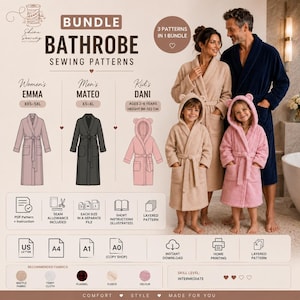 Può includere: Un pacchetto di cartamodelli digitali per tre stili di accappatoio: il modello Emma nelle taglie XXS-5XL, il modello Mateo nelle taglie XS-XL e l'accappatoio con cappuccio Dani per bambini dai 2 ai 6 anni. Include istruzioni PDF, vari formati carta e tessuti.