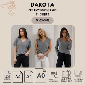 May include: A PDF sewing pattern for a T-shirt, titled "DAKOTA". The image displays three women modelling grey V-neck T-shirts: short-sleeved, sleeveless, and long-sleeved. The pattern offers sizes from XXS to 5XL.