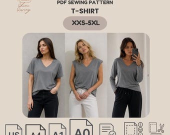 T-shirt met verlaagde schouder pdf naaipatroon | Oversized T-shirt met V-hals | Top met korte mouwen en mouwloze top met lange mouwen | XXS–5XL | A4 A0 US Letter