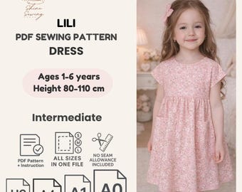 Girls Dress Sewing Pattern PDF: Button Back Toddler Outfit (1Y-5Y) (A4/US Letter/A0/A1)