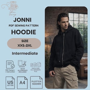 Patrón de costura para sudadera con capucha y cremallera para hombre: Sudadera informal (descarga en PDF, tallas XXS-2XL, impresión A4/A0)