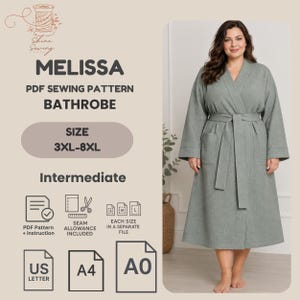 Puede incluir: Una bata de baño color verde salvia con textura de gofre, mangas largas, cinturón y dos bolsillos delanteros. El texto dice: MELISSA PDF SEWING PATTERN BATHROBE, SIZE 3XL-8XL, Intermediate, PDF Pattern + Instruction, SEAM ALLOWANCE INCLUDED, US LETTER, A4, A0.