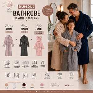 Peut inclure: Un ensemble de patrons de couture pour trois modèles de peignoirs : Emma, Mateo et Dani. Le graphique présente des croquis techniques d'un peignoir, d'un peignoir sombre et d'un peignoir à capuche, avec des icônes pour les formats PDF et tissus.