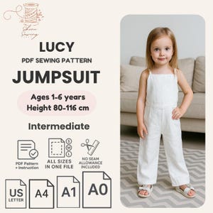 Lucy Overalls PDF Schnittmuster für Mädchen: Baby Kleinkind Strampler (Grössen 1Y–6Y) (Instant Download)