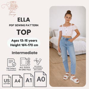 Teenager Mädchen Ruffle Top Schnittmuster: Off-Shoulder Bluse (PDF Pattern A4/US Letter/A1/A0, 13-15Y, Anfänger)